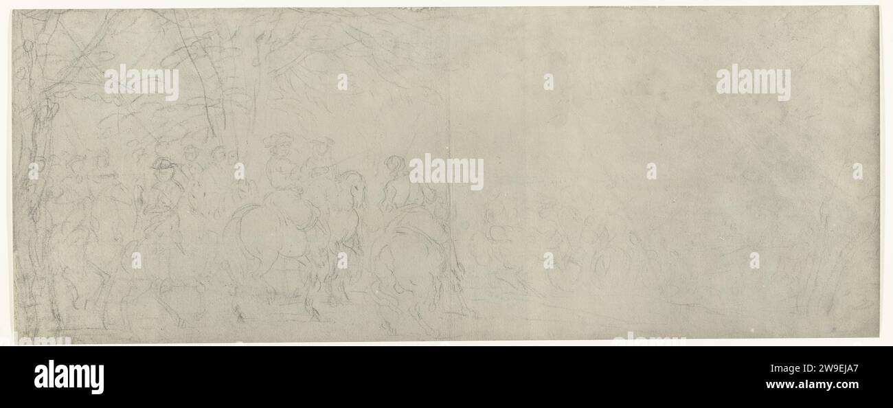 Traversata del Reno, 1672, 1900 - 1903 Fotografia di un disegno di attraversamento del Reno nei pressi di Tolhuis vicino a Lobith dell'esercito francese al comando di Luigi XIV il 12 giugno 1672. Parte di una serie di foto di disegni di città conquistate durante l'invasione francese dei Paesi Bassi nel 1672. Stampa francese in gelatina argento che attraversa un fiume. Movimenti di truppe, pedaggio per il trasporto Foto Stock