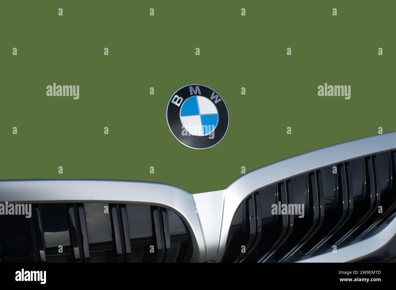 OCALA, FLORIDA - 2 NOVEMBRE 2023 logo BMW emblema Army green car front. Bavaria Motor Works è una multinazionale tedesca produttrice di veicoli di lusso a Foto Stock