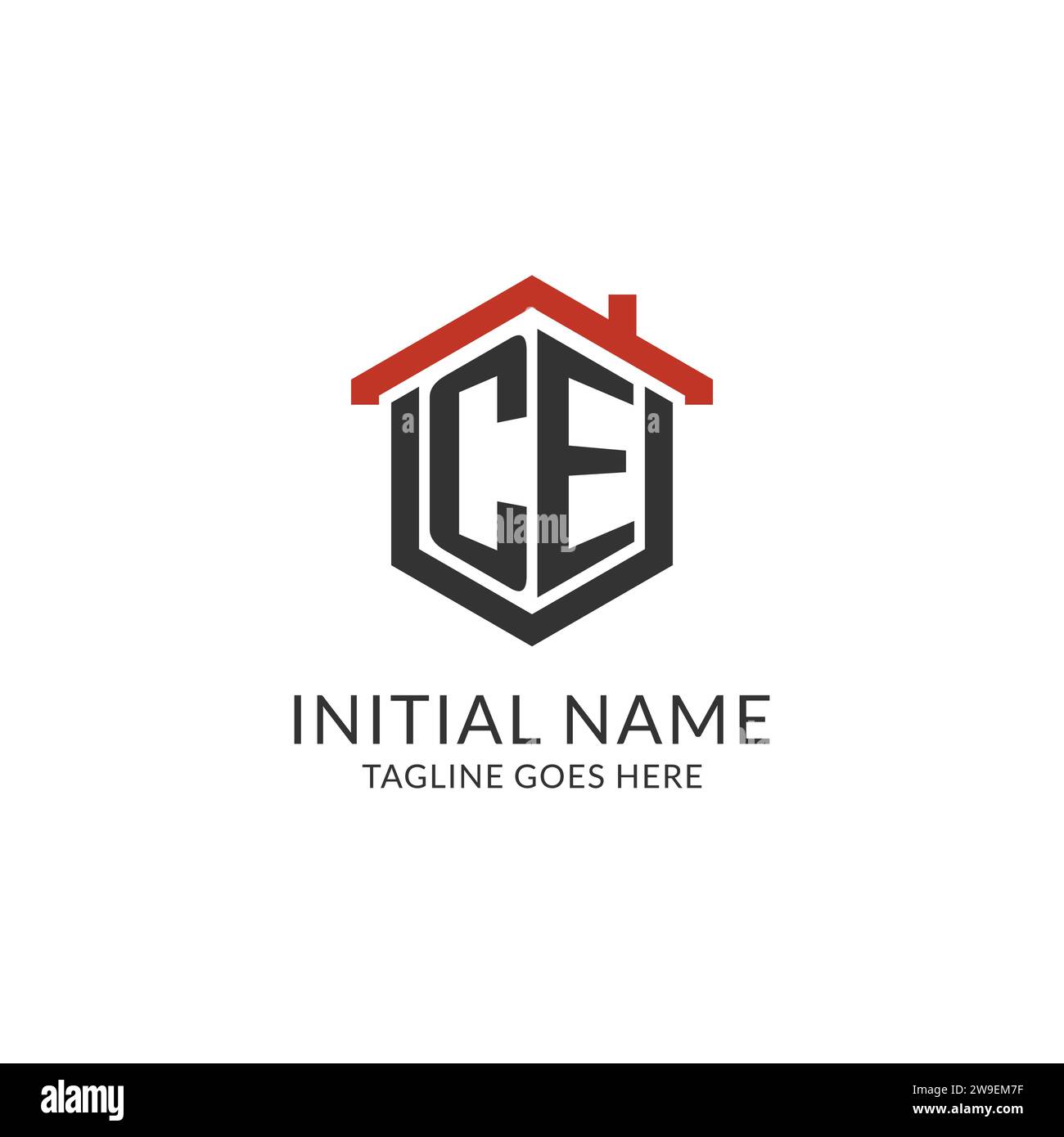 Monogramma CE con logo iniziale con design esagonale del tetto, grafica vettoriale semplice e minimale del logo immobiliare Illustrazione Vettoriale