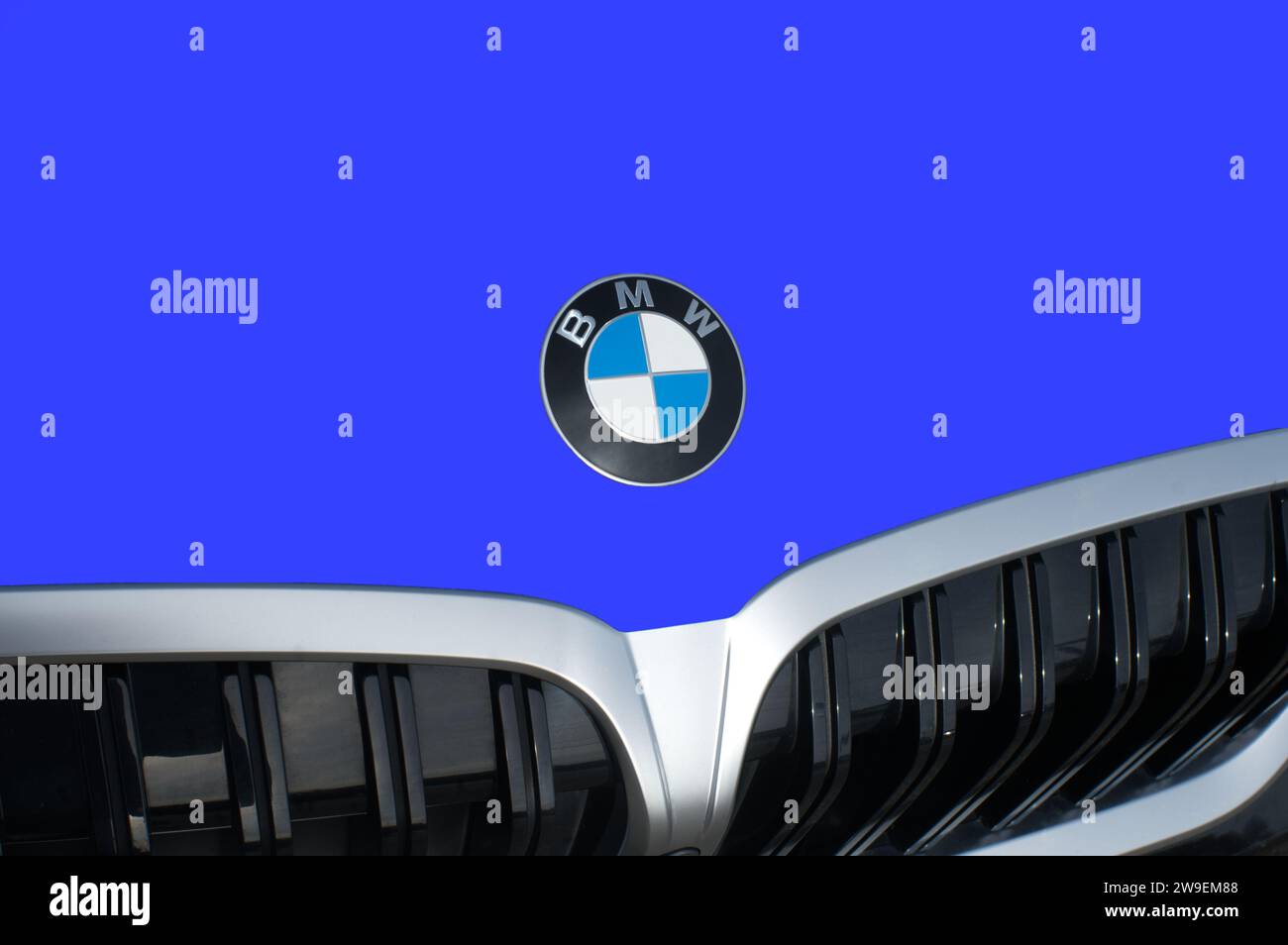 OCALA, FLORIDA - 2 NOVEMBRE 2023 logo BMW emblema blu brillante davanti all'auto. Bavaria Motor Works è una multinazionale tedesca produttrice di veicoli di lusso Foto Stock