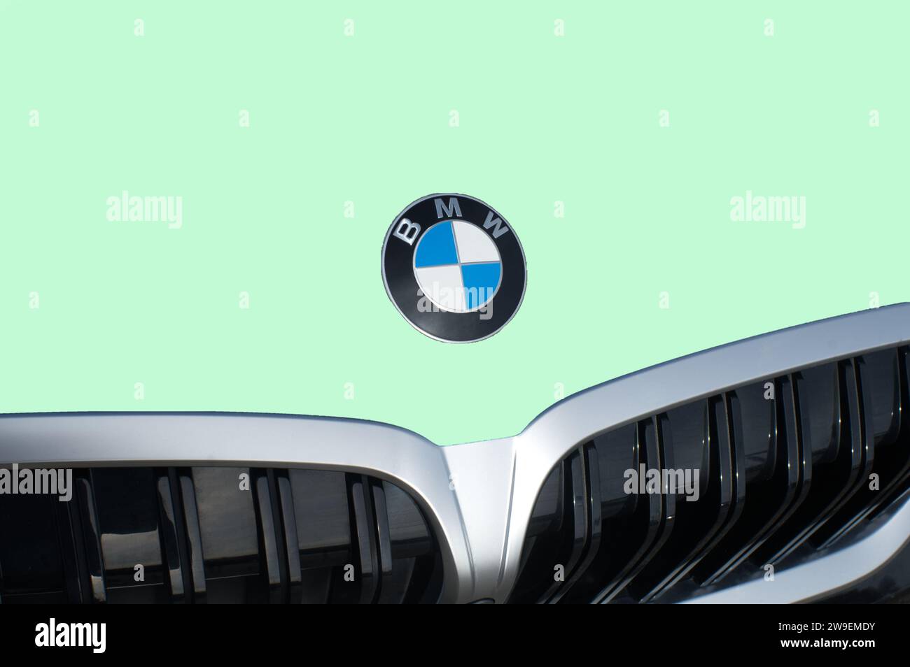 OCALA, FLORIDA - 2 NOVEMBRE 2023 emblema del logo BMW sul cofano auto verde lime. Bavaria Motor Works multinazionale tedesca produttrice di veicoli di lusso Foto Stock