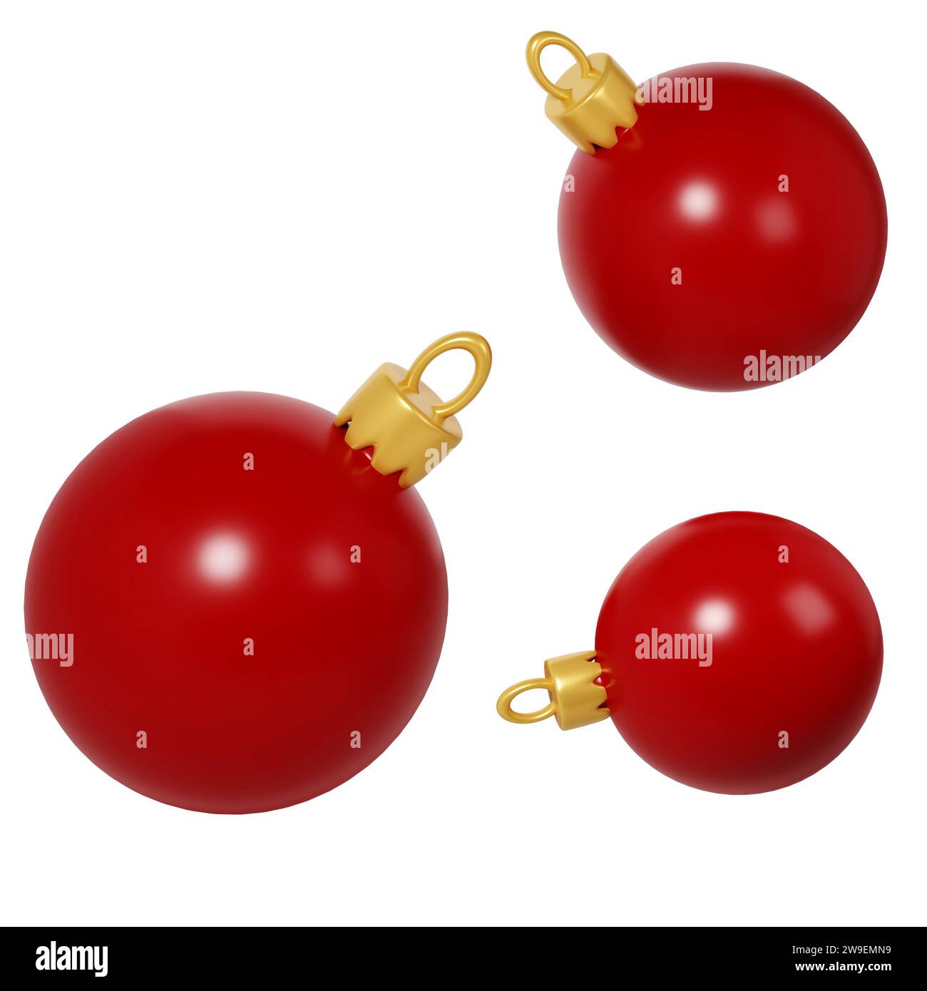 Rendering 3d dell'icona di tre palline rosse di Natale. Ambienti realistici per le vacanze invernali. Giocattolo per abete. Illustrazione per il web design e il biglietto d'auguri Foto Stock