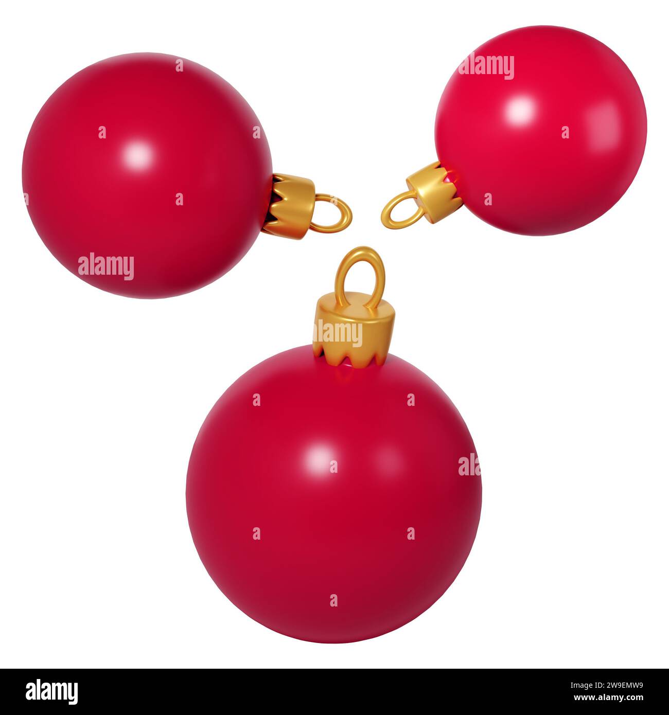 Rendering 3d dell'icona di tre palline rosse di Natale. Ambienti realistici per le vacanze invernali. Giocattolo per abete. Illustrazione per il web design e il biglietto d'auguri Foto Stock