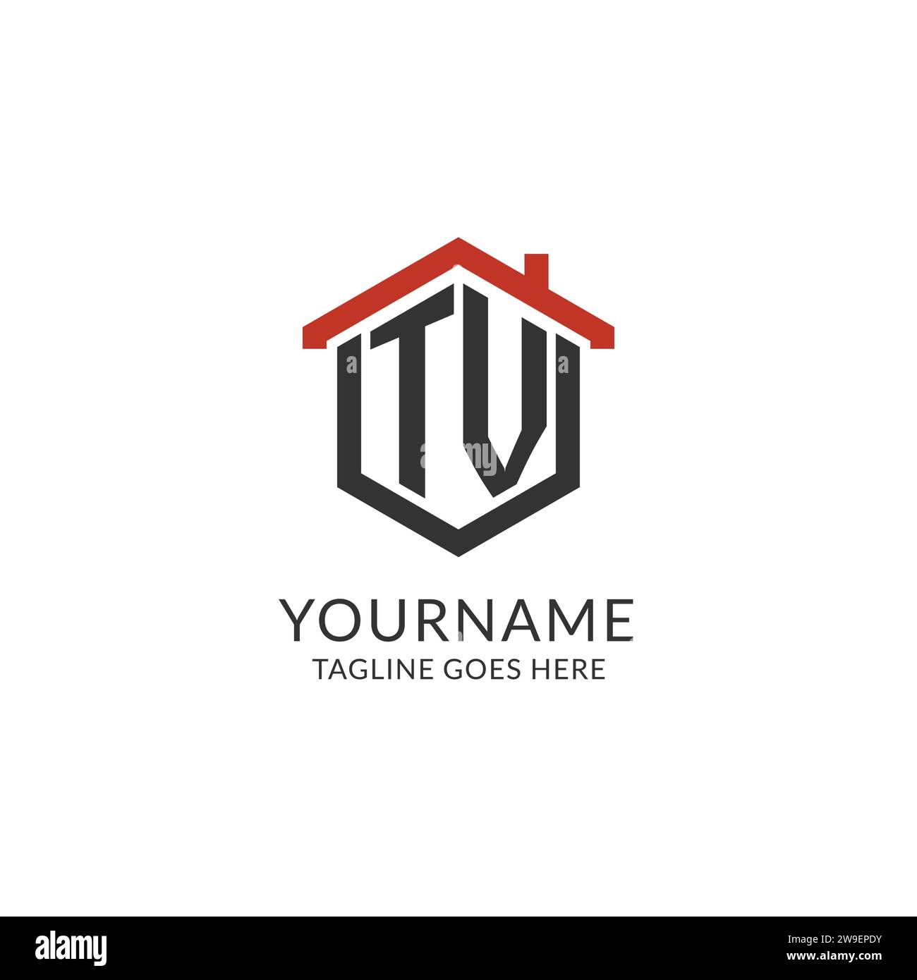 Monogramma TV con logo iniziale con design esagonale del tetto, grafica vettoriale semplice e minimale del logo immobiliare Illustrazione Vettoriale