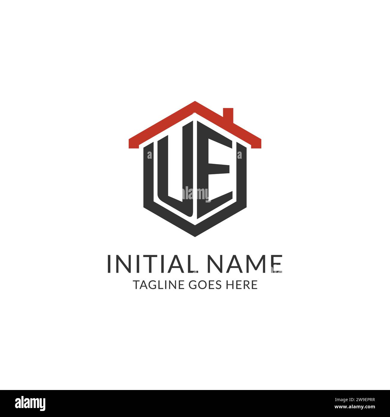 Monogramma logo UE iniziale con design esagonale del tetto, grafica vettoriale semplice e minimale del logo immobiliare Illustrazione Vettoriale