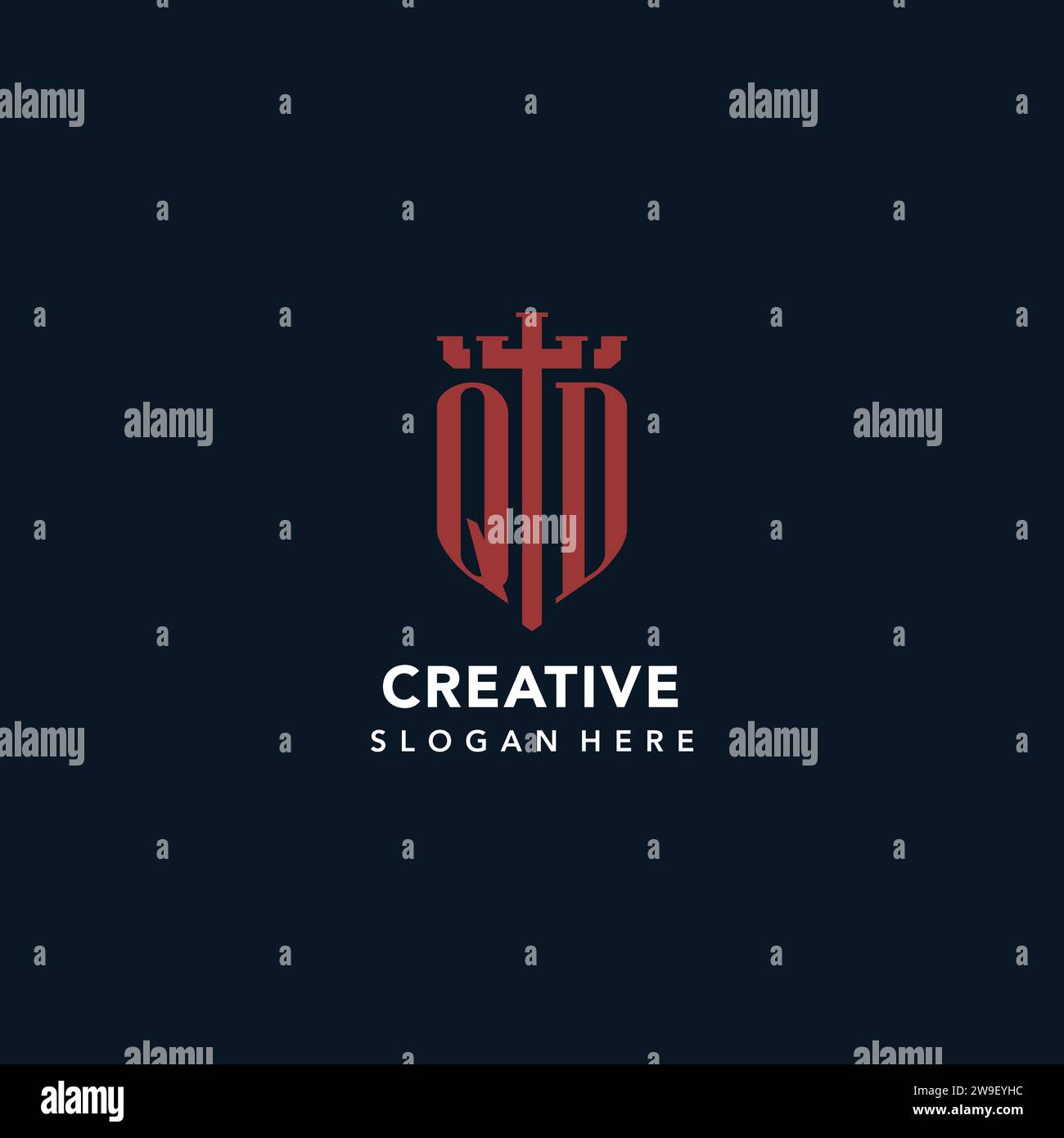 Logo del monogramma iniziale QD con idee di design a forma di spada e scudo Illustrazione Vettoriale