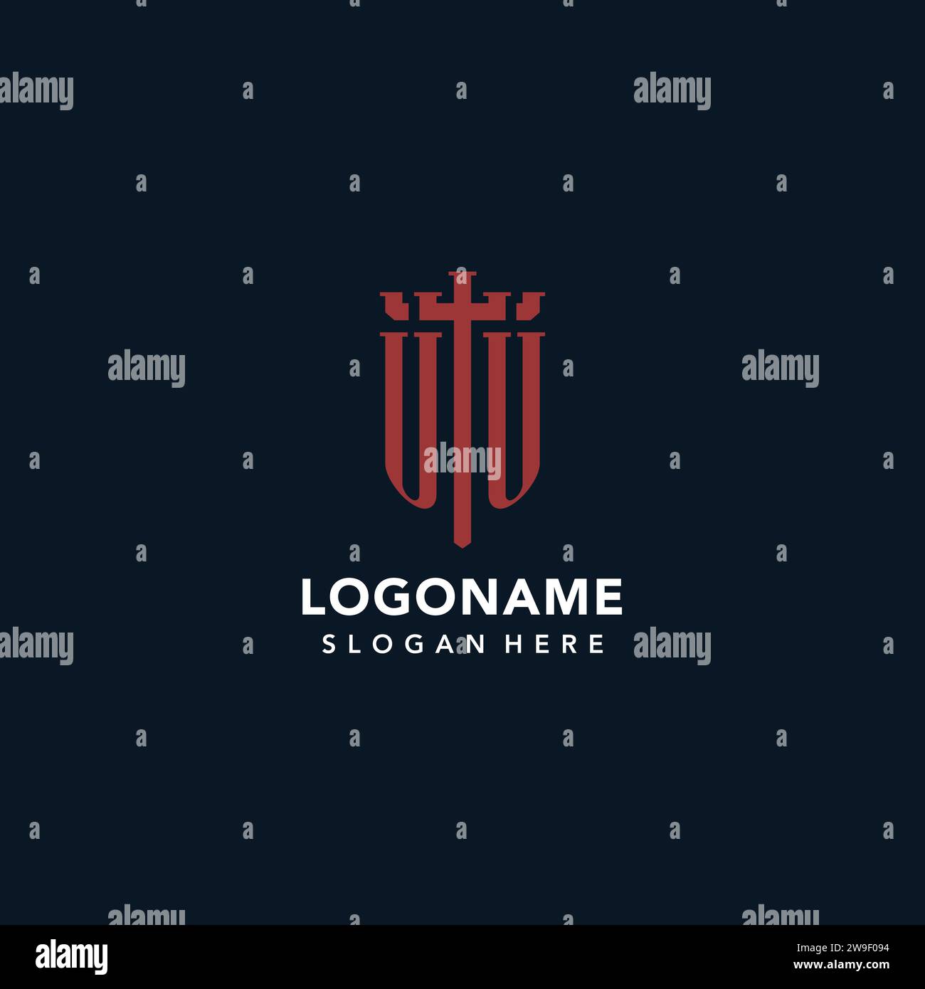 Logo monogramma iniziale UU con idee di design a forma di spada e scudo Illustrazione Vettoriale