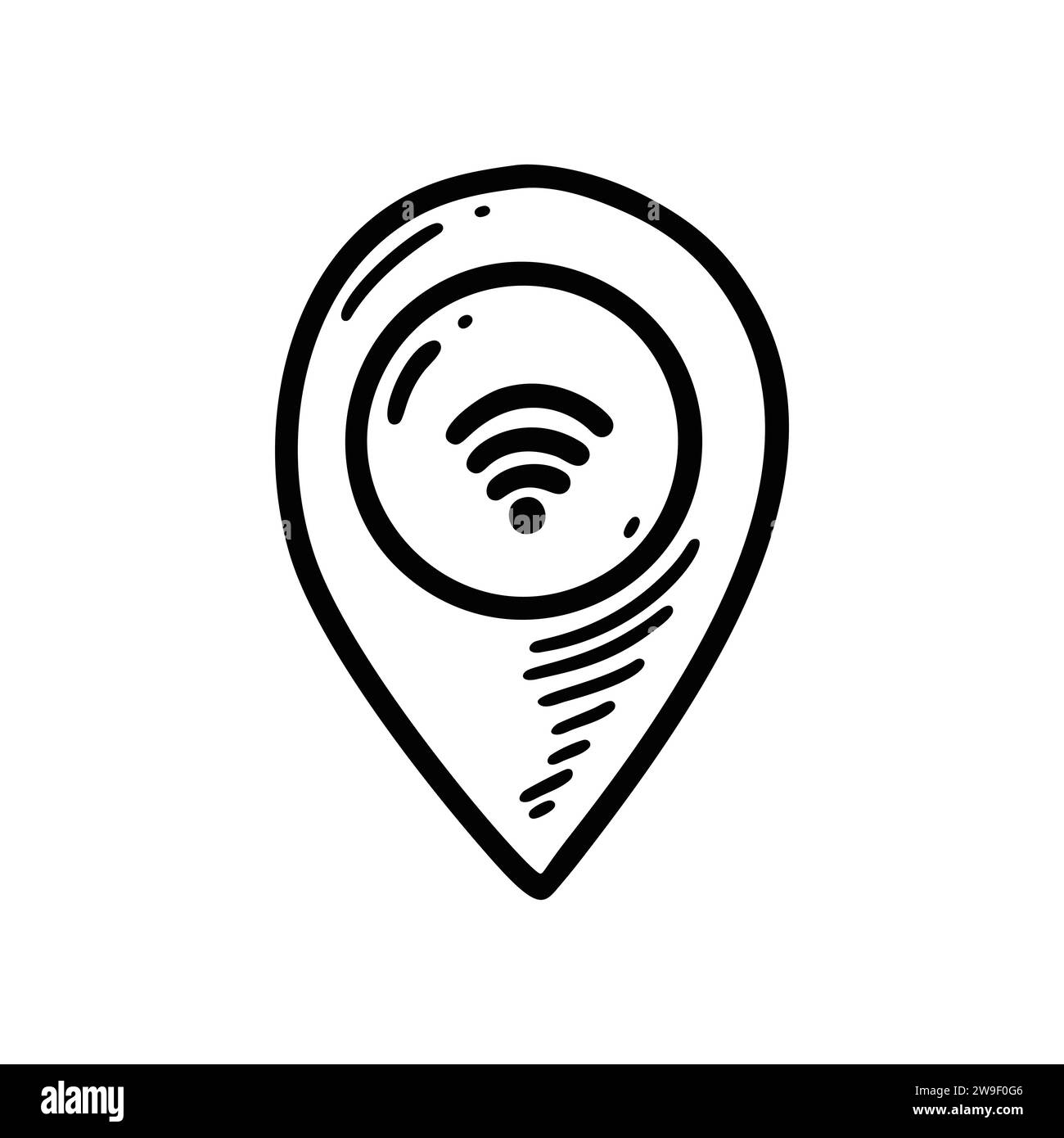 Icona posizione wi-fi Doodle. Connessione Internet wireless via satellite. Disegnare il simbolo del segnale radio. Pin della mappa disegnato a mano. Illustrazione Vettoriale