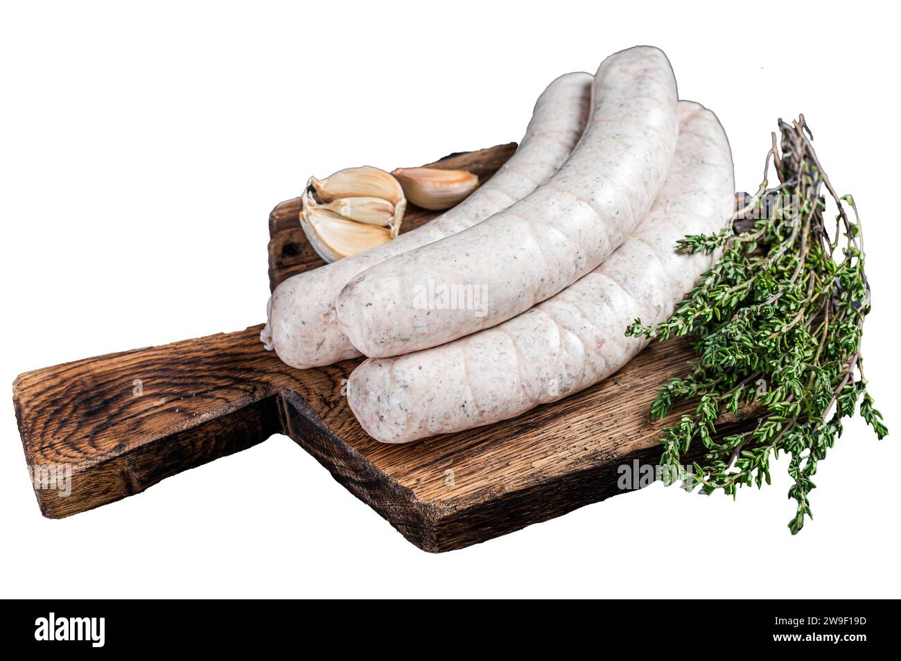 Weisswurst di salsiccia bianca cruda di Monaco isolato su sfondo bianco, vista dall'alto Foto Stock