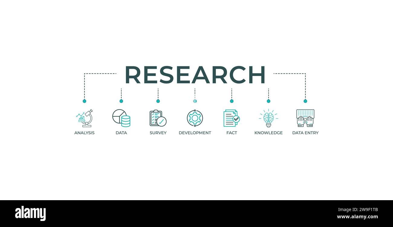Banner di ricerca Web icona illustrazione vettoriale concetto con icona di analisi, dati, indagine, sviluppo, fatti, conoscenza e immissione dei dati. Illustrazione Vettoriale