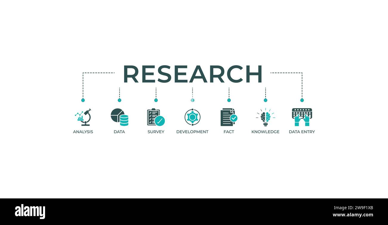 Banner di ricerca Web icona illustrazione vettoriale concetto con icona di analisi, dati, indagine, sviluppo, fatti, conoscenza e immissione dei dati. Illustrazione Vettoriale