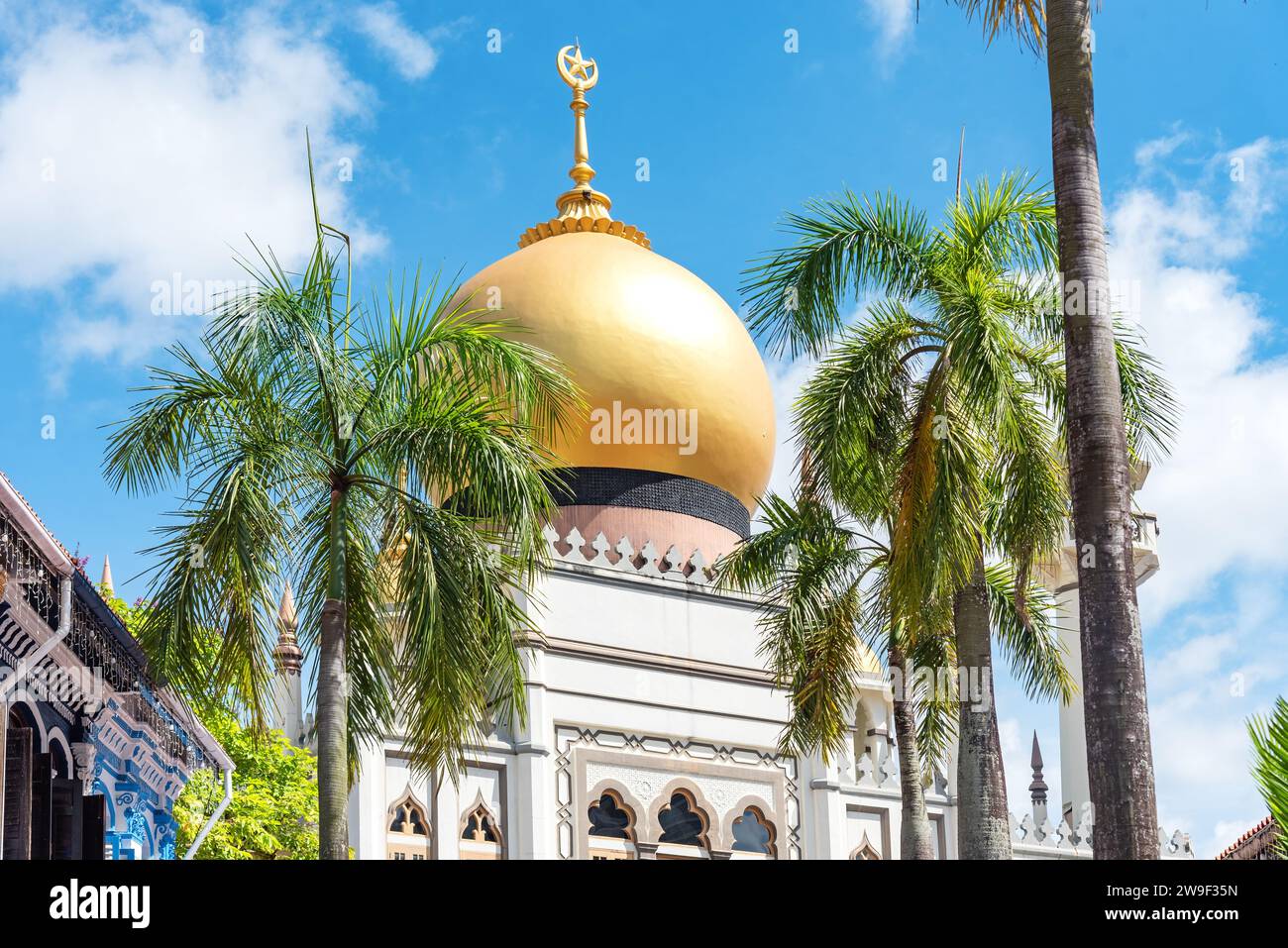 La squisita Moschea del Sultano con un tetto giallo luminoso e lussureggianti palme in primo piano Foto Stock