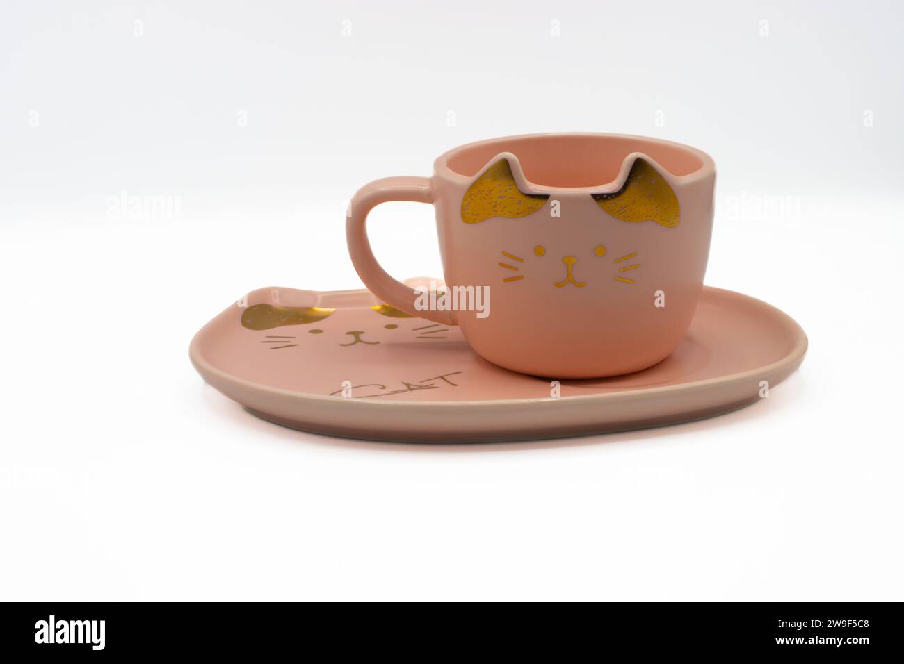 Un bel tè gatto, una tazza di caffè su un piattino Foto Stock