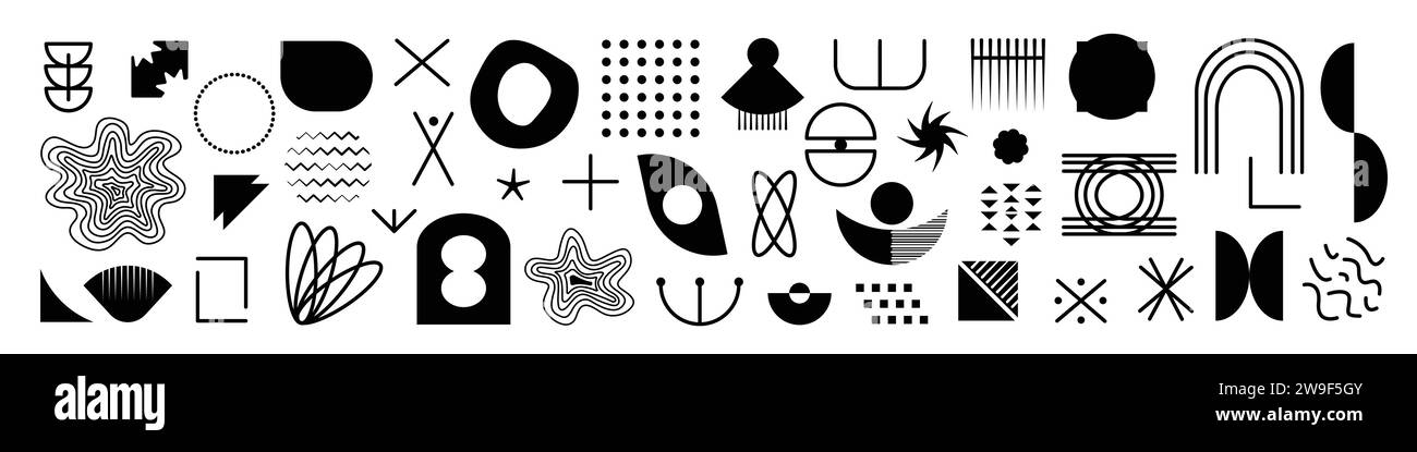 Design Memphis, forme primitive creative e brutali, set vettoriale di figure geometriche astratte, forme grafiche nere piatte e lineari Illustrazione Vettoriale