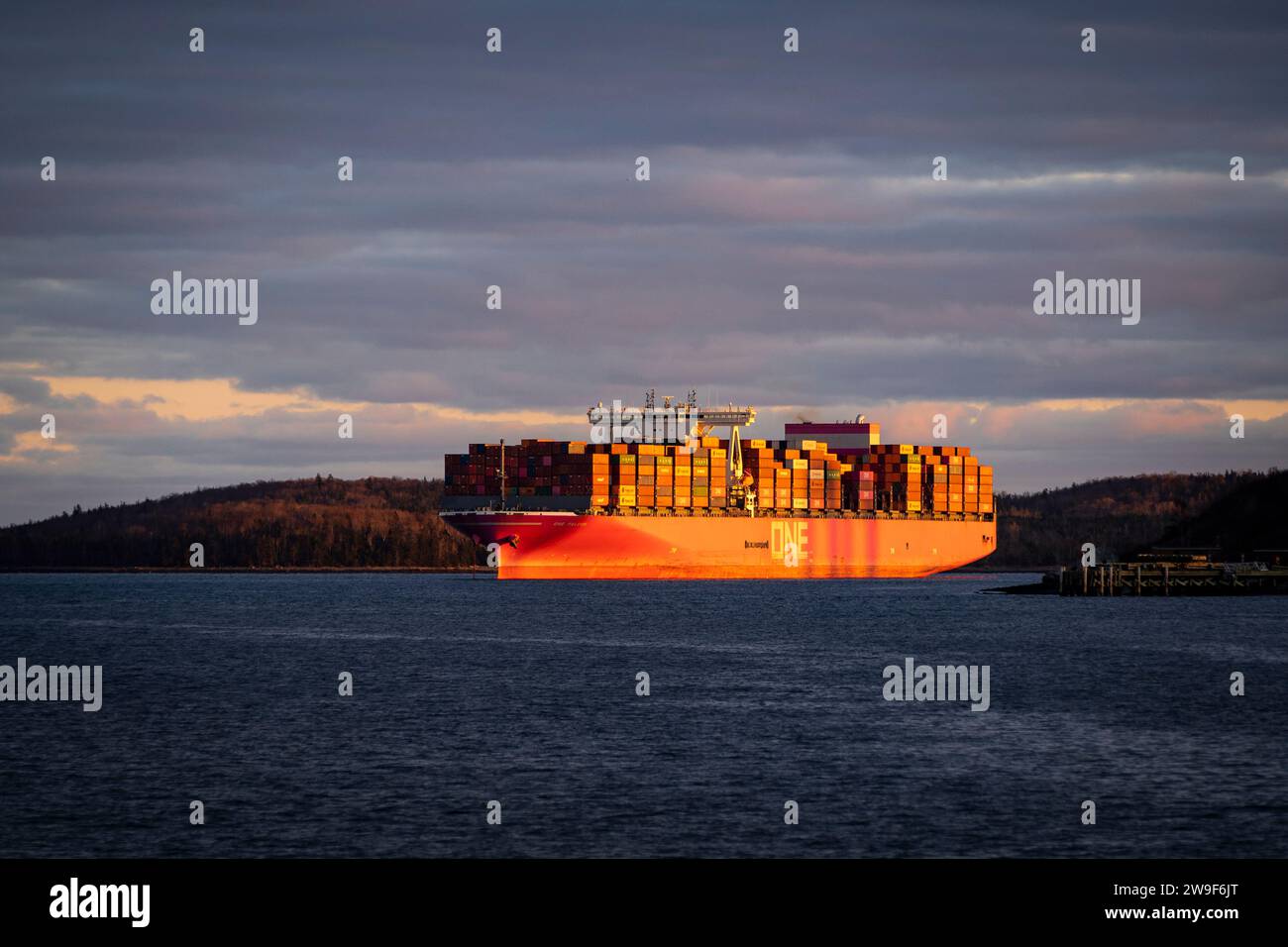 Nave portacontainer ONE Stork ancorata a Halifax Harbour, nuova Scozia, Canada. Foto Stock