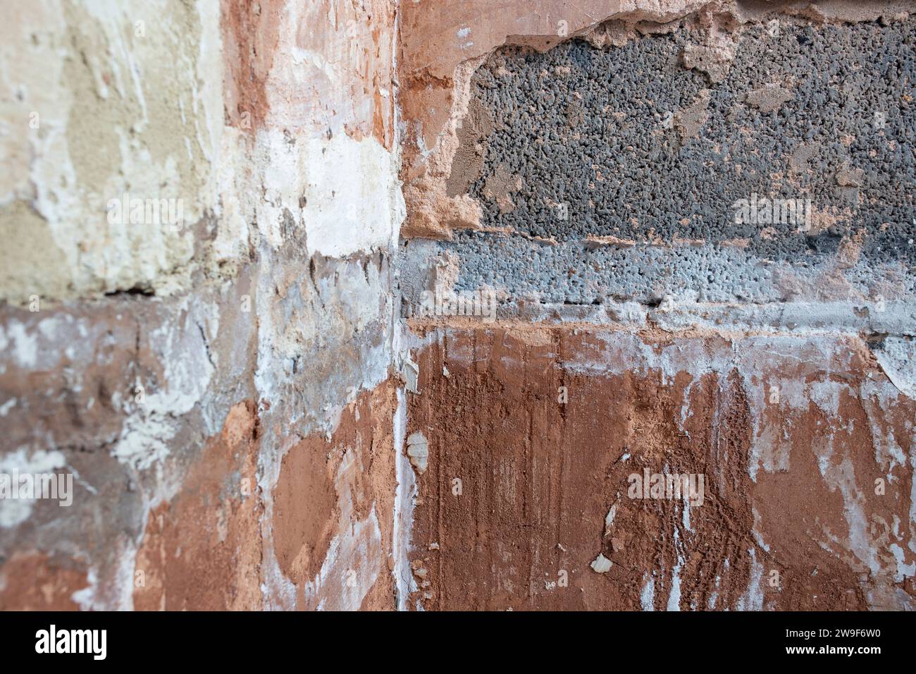 Intonaco umido danneggiato che espone i mattoni in un bagno. Concetto di problemi di miglioramento domestico Foto Stock