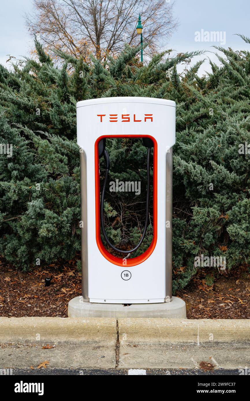 Stazione di ricarica per veicoli elettrici Tesla, nel parcheggio di un punto vendita Target, a Montgomery, Alabama USA. Foto Stock