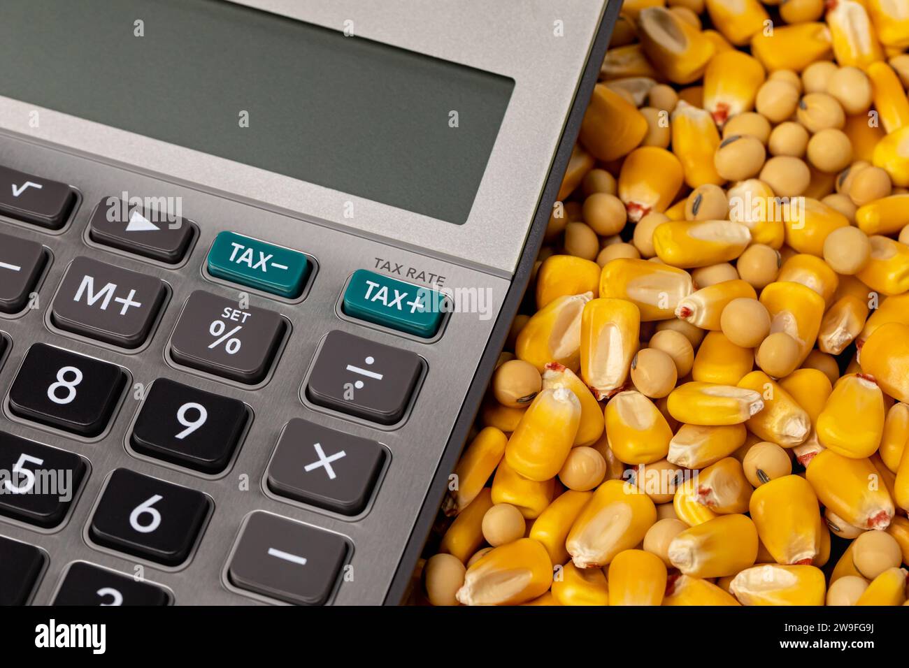 Calcolatore delle tasse con mais e soia. Concetto di reddito agricolo, vendite agricole e imposte sulla proprietà Foto Stock
