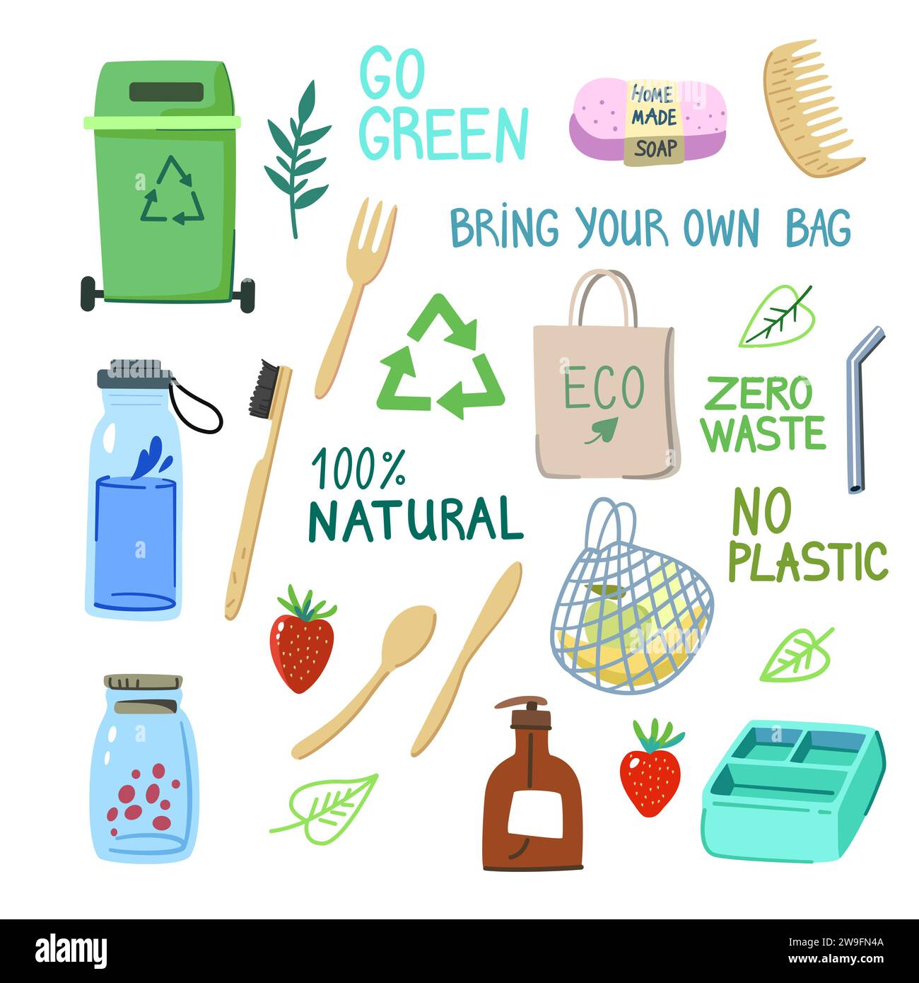 Zero sprechi e minimo utilizzo di plastica. Raccolta di elementi disegnati a mano. Illustrazione vettoriale Illustrazione Vettoriale