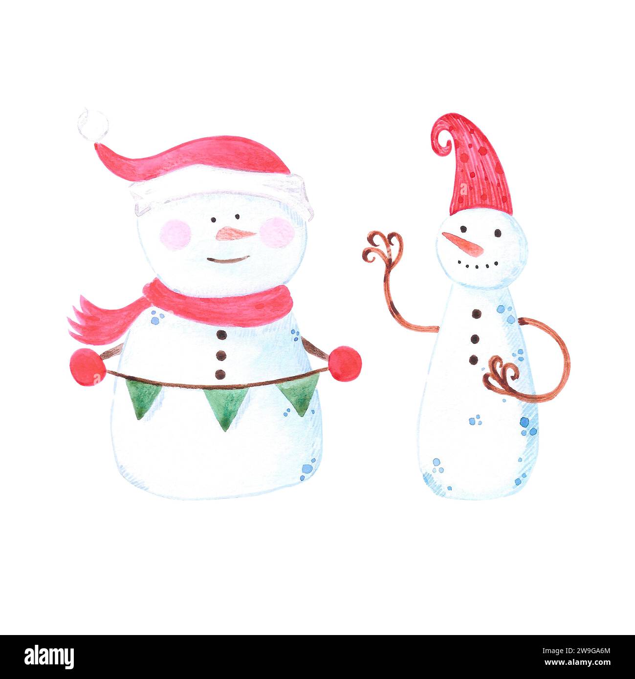 Pupazzo di neve ad acquerello disegnato a mano con un cappello. Illustrazione natalizia isolata su sfondo bianco. Può essere utilizzato per cartoncino, etichette, album e altri stampati Foto Stock