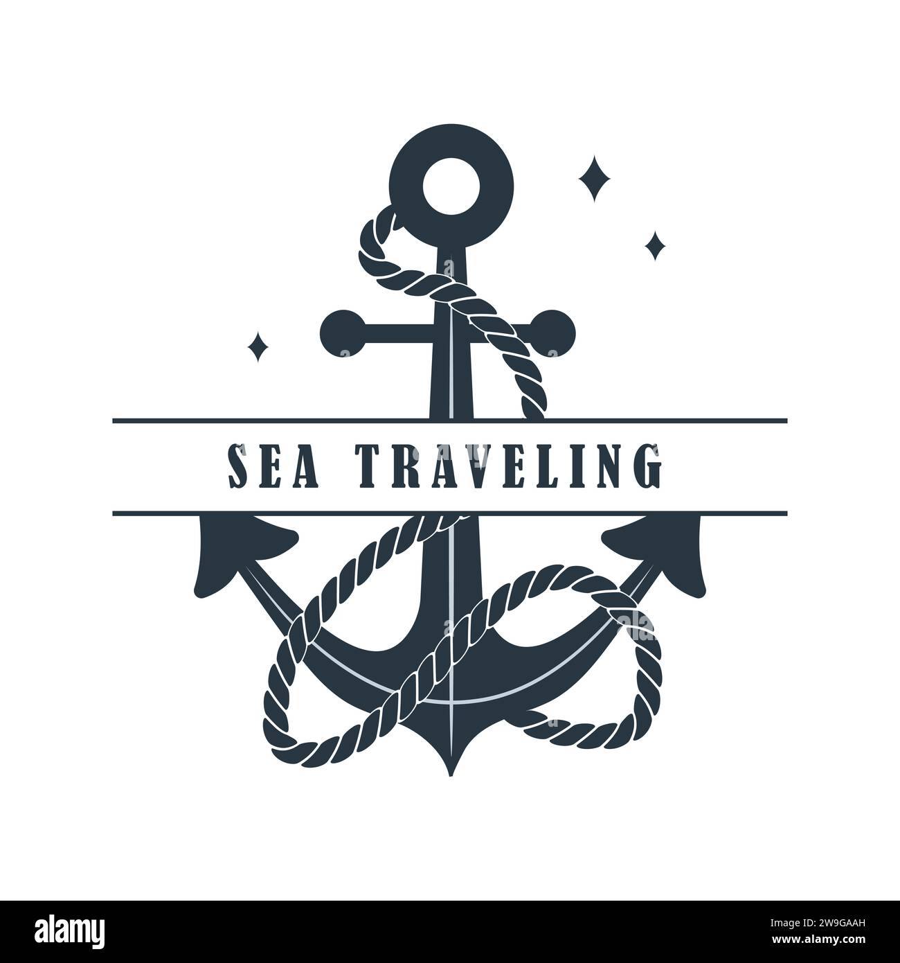 Logo Sea Travel con icona di ancoraggio. Crociera marittima. Modello vettoriale per i viaggi oceanici su sfondo bianco Illustrazione Vettoriale