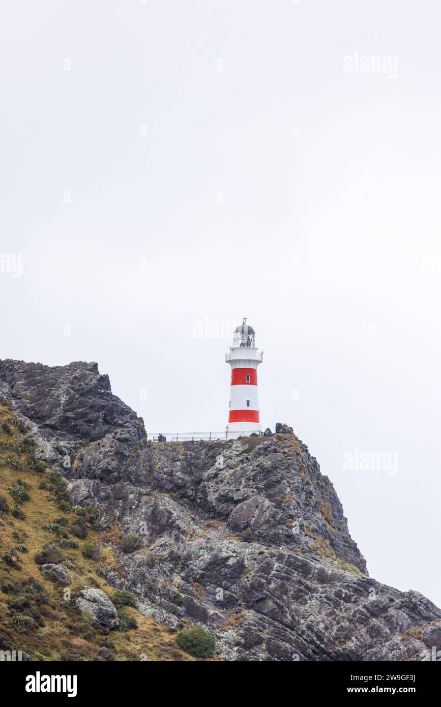 Un'immagine di un faro trovato a Cape Palliser, a Wellington, nuova Zelanda. Il faro si trova su una costa frastagliata con vita vegetale e molti altri Foto Stock