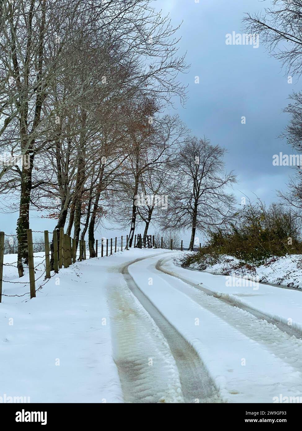 Un idilliaco scenario invernale di una tranquilla strada di campagna costeggiata da una recinzione, coperta da uno spesso strato di neve Foto Stock