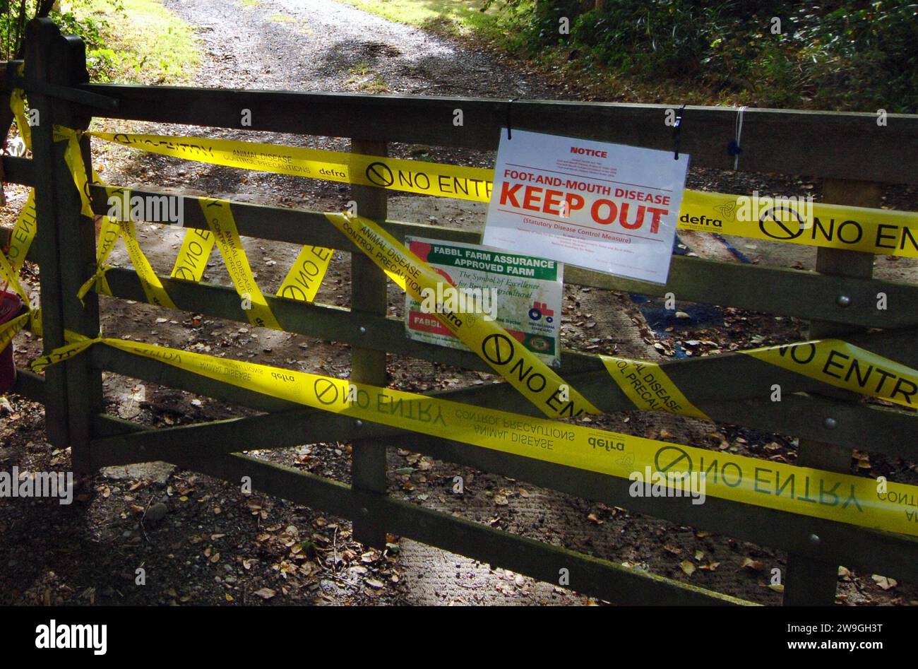 Foto del fascicolo datata 25/9/227 dell'avviso relativo alla zona di controllo dell'afta epizootica su un cancello vicino a Egham, Surrey. Siti vicini agli ospedali Downshire e Muckamore sono stati considerati per la sepoltura di carcasse animali al culmine della crisi dell'afta epizootica, è stato rivelato. Solo un caso è stato confermato in Irlanda del Nord, ma il controllo delle malattie ha avuto un impatto notevole, bloccando le esportazioni di animali e fermando alcuni eventi sportivi e comunitari nel 2001. Data di emissione: Giovedì 28 dicembre 2023. Foto Stock