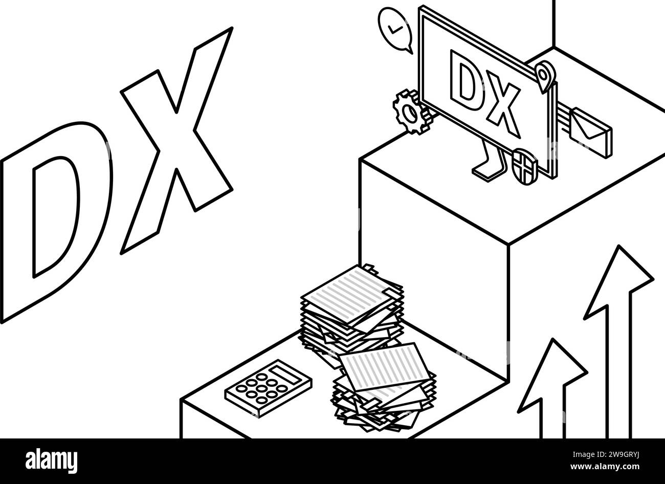 Migliorare le operazioni con la DX, prevedere il successo e la crescita, passare da un business inefficiente a un business intelligente, isometrico Illustrazione Vettoriale