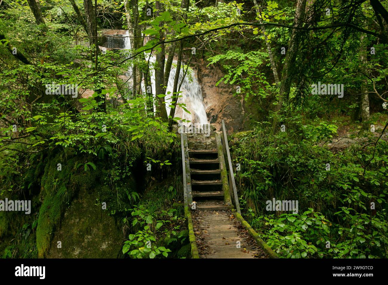 Le cascate di Otaki e Metaki sono due splendidi luoghi naturali lungo il Nakasendo Trail nella valle di Kiso, in Giappone. Foto Stock