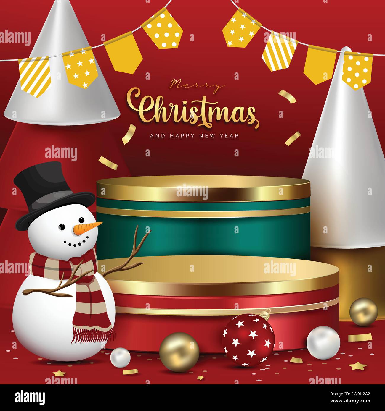 Podi di palcoscenici per i prodotti con testo natalizio su sfondo rosso festivo, design vettoriale Illustrazione Vettoriale