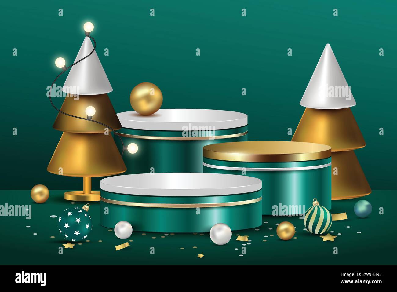 Decorazione del podio natalizio in stile 3D per l'esposizione del prodotto su sfondo verde festivo, design vettoriale Illustrazione Vettoriale