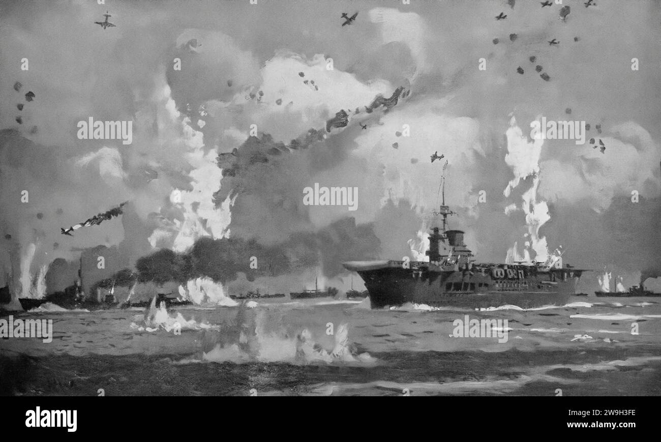 Un dipinto di Norman Wilkinson che illustra l'azione nel Nord Atlantico dal 12 al 16 settembre 1942, durante la seconda guerra mondiale. Il convoglio alleato diretto verso la Russia fu costantemente attaccato da bombardieri in picchiata tedeschi e sottomarini U-Boat; la maggior parte dei cargo raggiunsero la loro destinazione. Foto Stock
