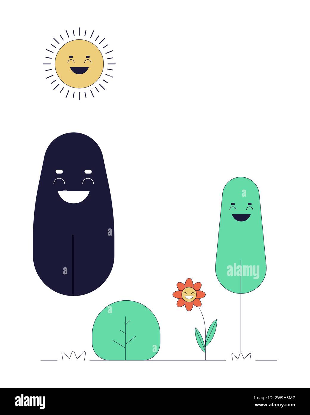 Piante che godono di una bella linea diurna con illustrazioni piatte Illustrazione Vettoriale