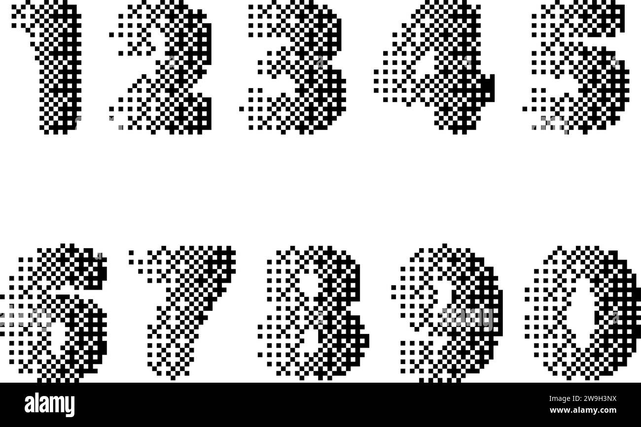 Set di cifre dei pixel dei mezzitoni. Numero decorativo vintage, cifra. Numero con texture rumorosa per un design tecnologico, icona del logo. Illustrazione vettoriale. Illustrazione Vettoriale