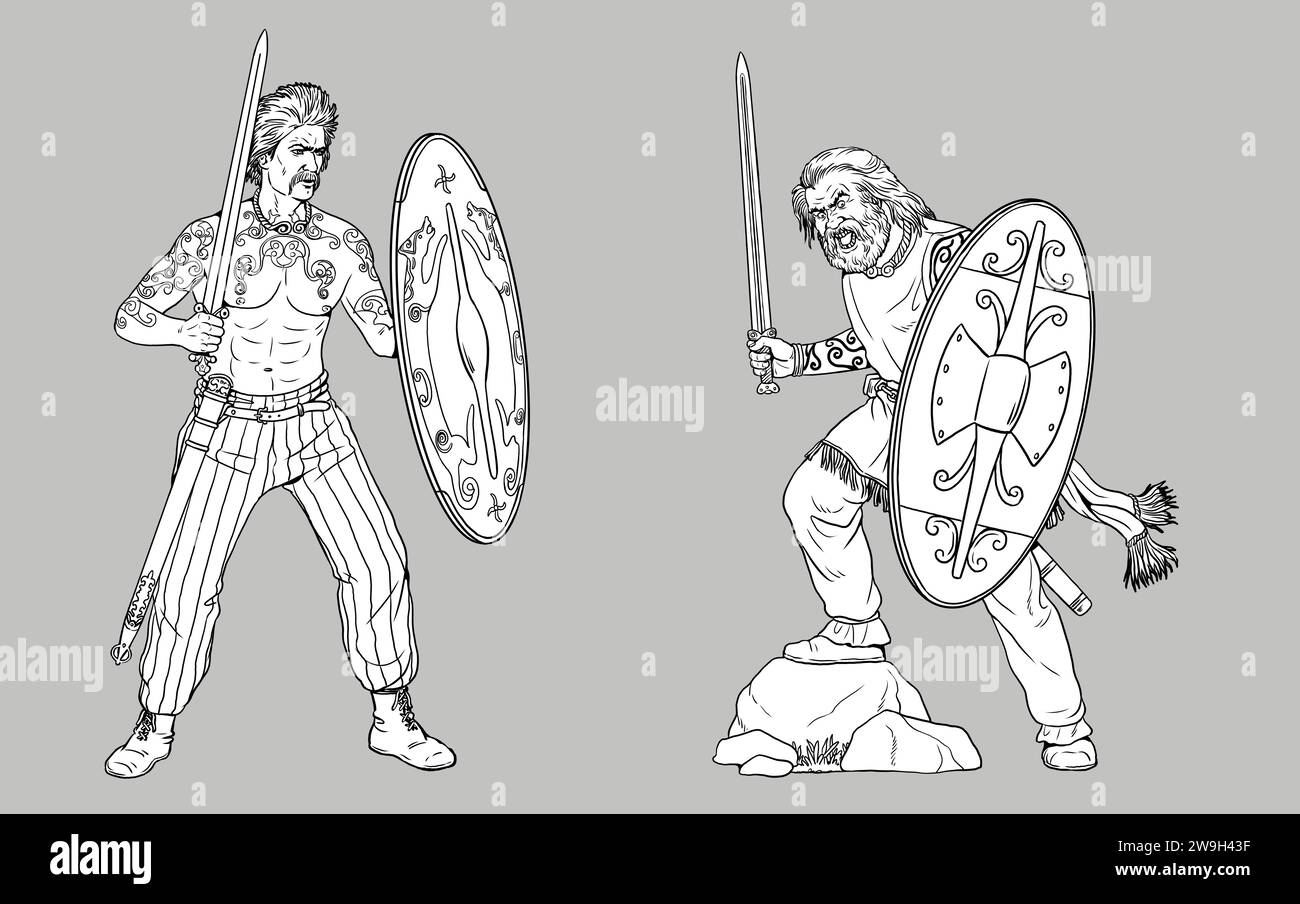 Guerrieri celtici all'attacco. Disegnare con nemici romani. Foto Stock