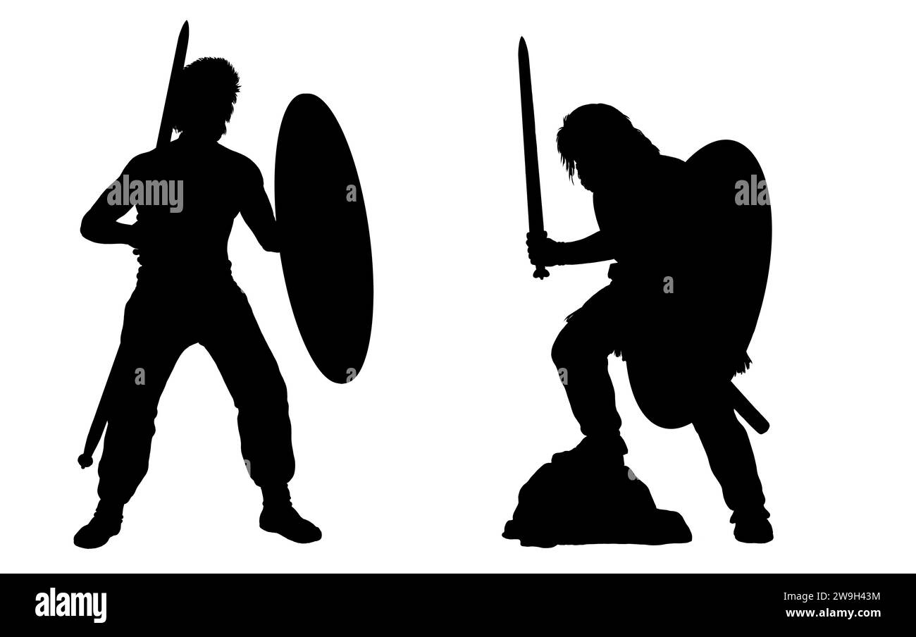 Guerrieri celtici all'attacco. Disegno storico della silhouette. Foto Stock