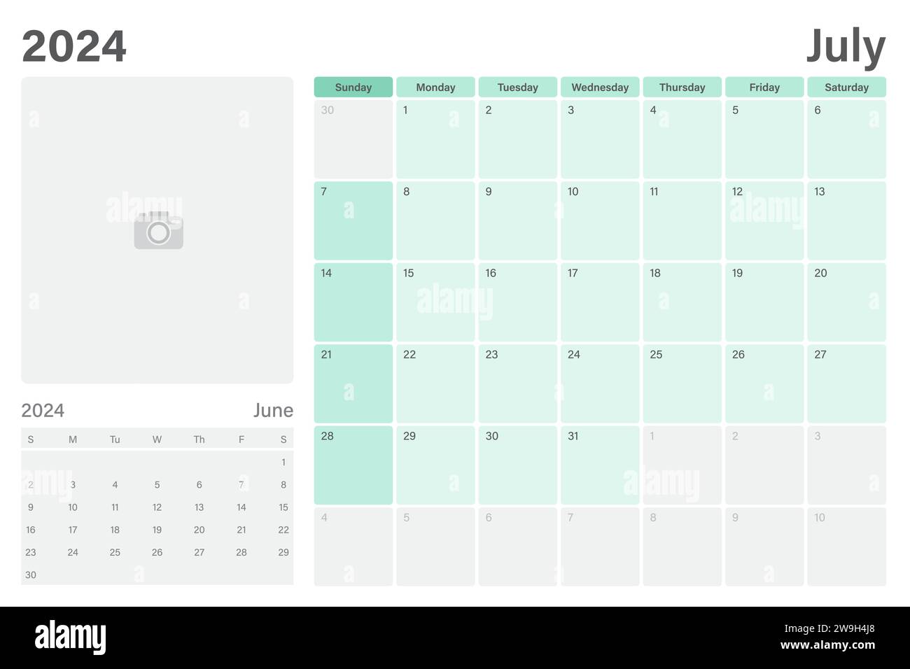 Calendario da tavolo o desk planner di luglio 2024 con spazio per le foto, design vettoriale, le settimane iniziano domenica Illustrazione Vettoriale