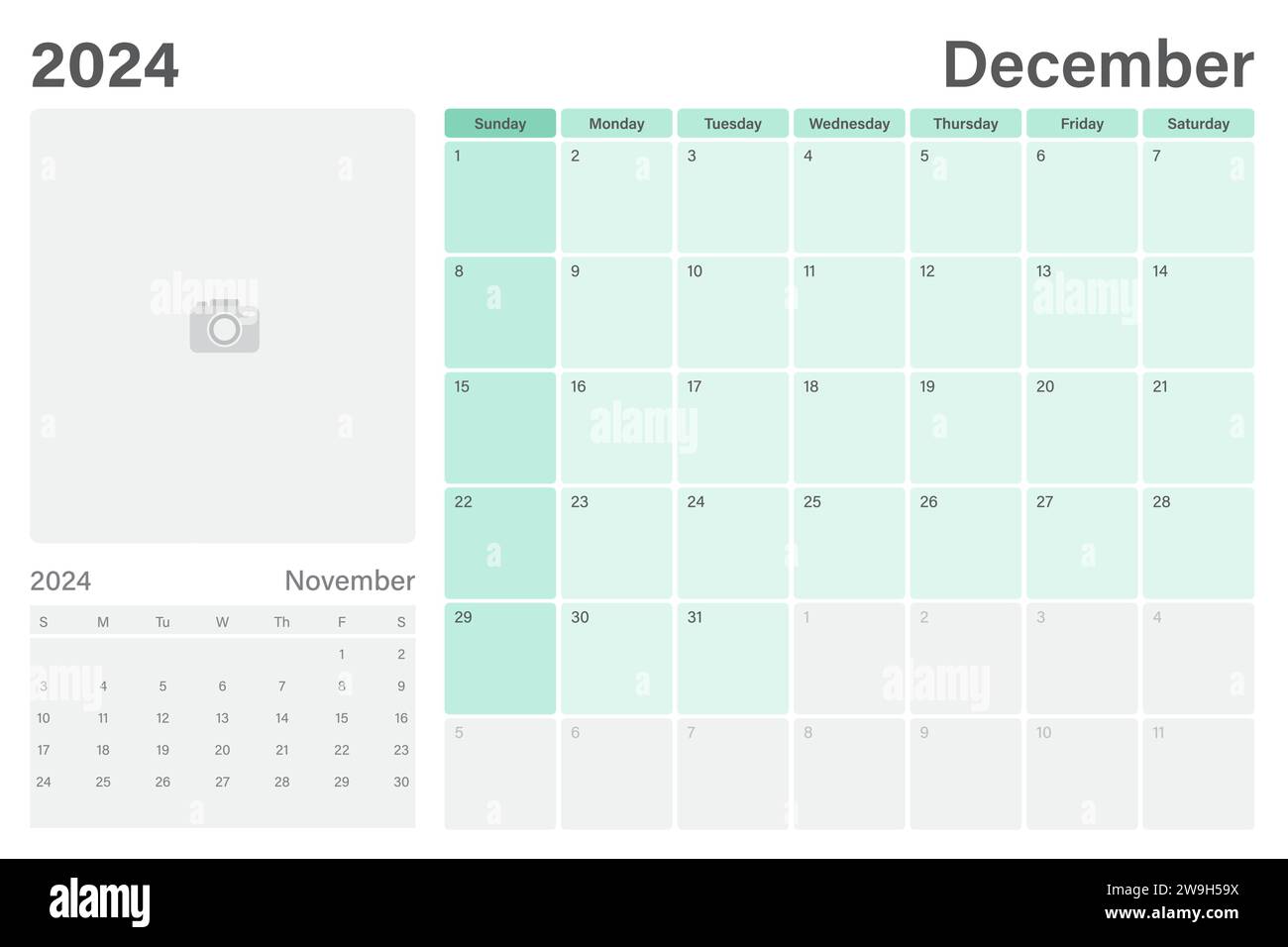 Calendario da tavolo o desk planner di dicembre 2024 con spazio per foto, design vettoriale, le settimane iniziano domenica Illustrazione Vettoriale