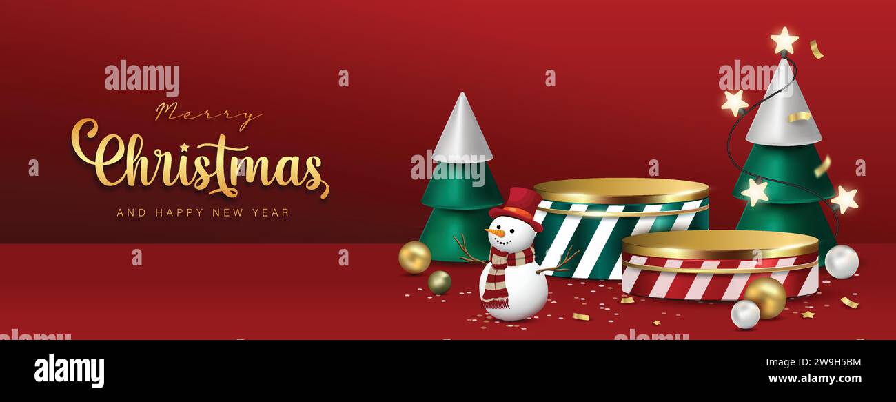 Podi di palcoscenici per l'esposizione dei prodotti con allegro testo natalizio su una splendida decorazione dello sfondo del banner rosso festivo, design vettoriale Illustrazione Vettoriale