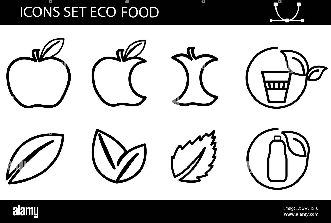 Set di icone di linea di cibo sano, cibo vegano. Contiene icone come lattosio, senza glutine e zucchero, non OGM, olio di palma e altro ancora, raccolta di icone Illustrazione Vettoriale