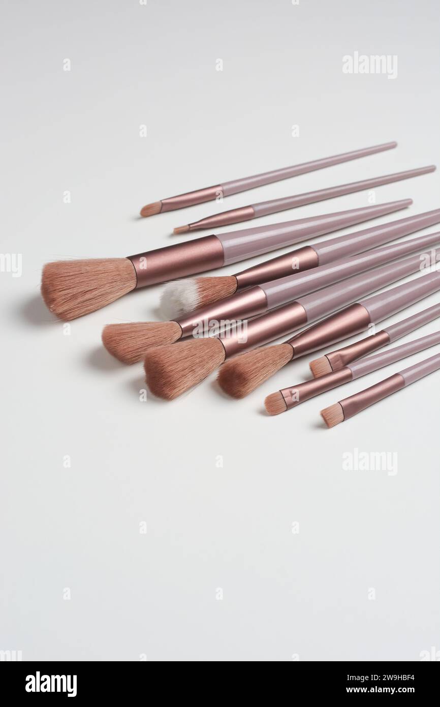 set di pennelli per il trucco sparsi sul tavolo bianco, varie forme e dimensioni di strumenti cosmetici essenziali progettati per scopi specifici, selettivi per Foto Stock