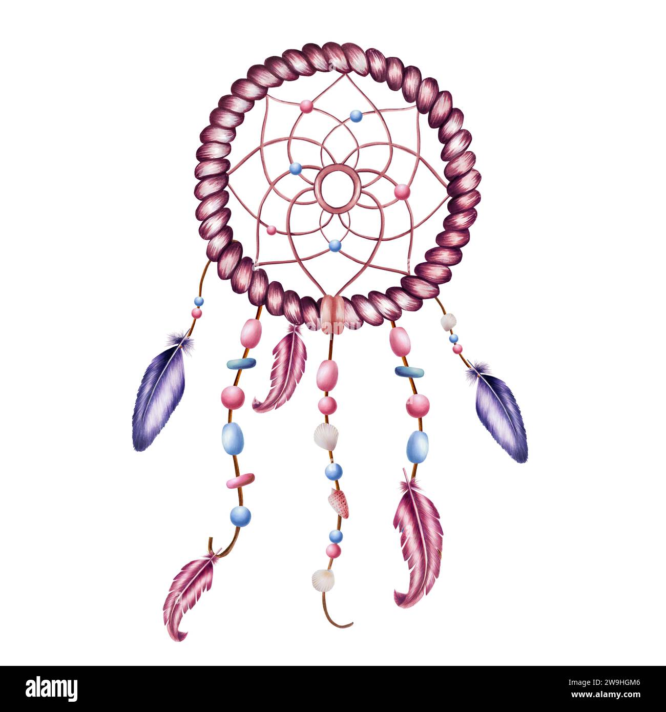 Illustrazione di un pennarello di salice intrecciato etnico per un sognatore, perline su cordoncino su corda con piume in stile acquerello. Mano p Foto Stock