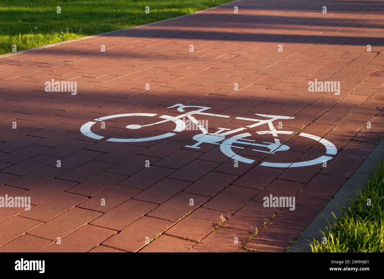 Pista ciclabile con l'icona della bicicletta sul marciapiede del parco pubblico della città. Foto Stock