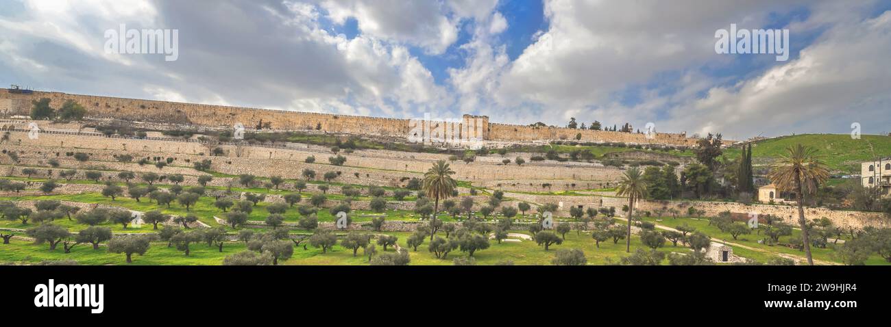 Monte degli Ulivi o Monte degli Ulivi - panorama dei luoghi sacri della città Vecchia di Gerusalemme Foto Stock