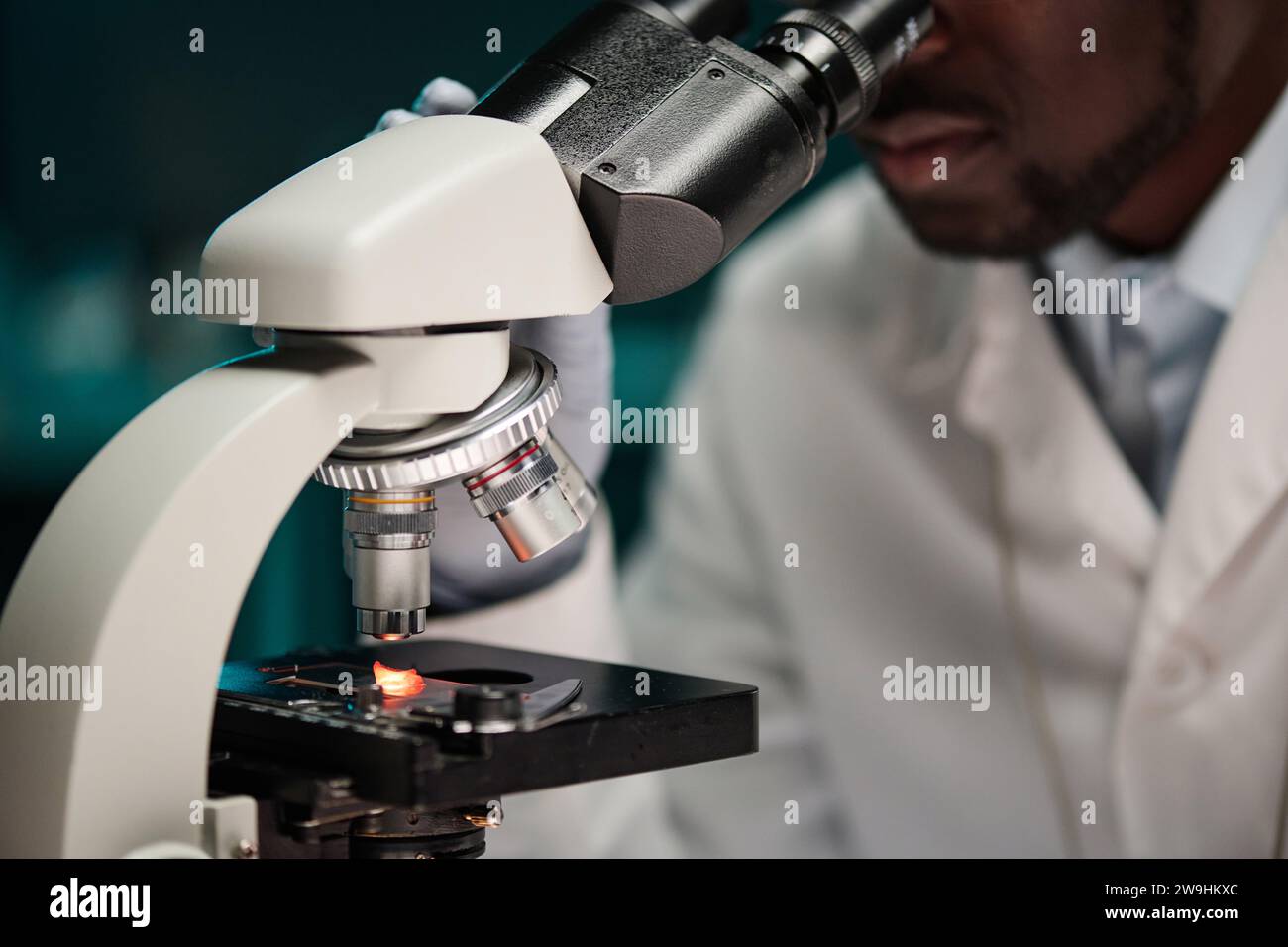 Primo piano del microscopio con particelle di carne sotto la lente, scienziato nero che lo analizza Foto Stock