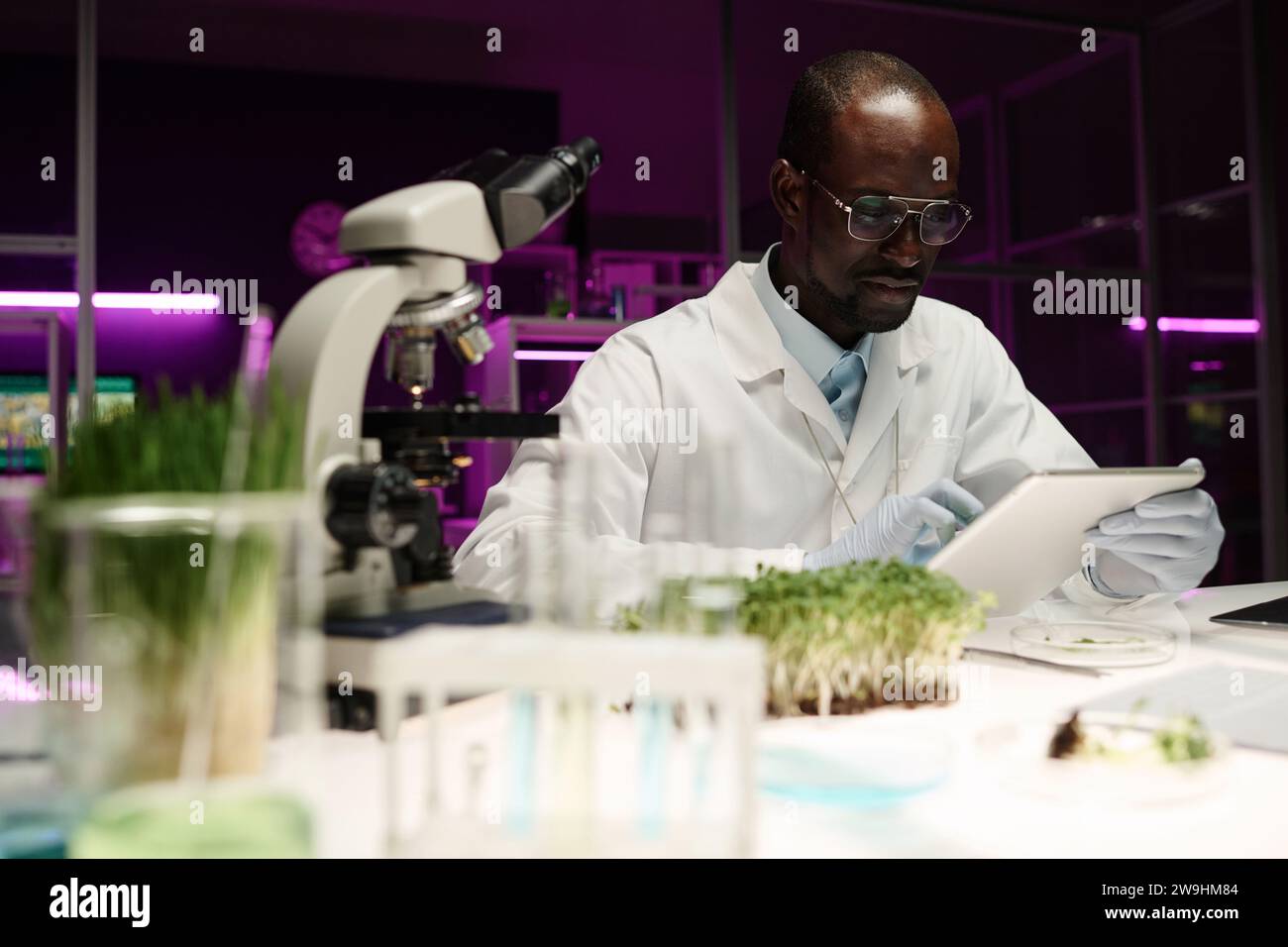 Biologo che legge informazioni sullo schermo di un tablet digitale seduto alla sua scrivania in laboratorio Foto Stock
