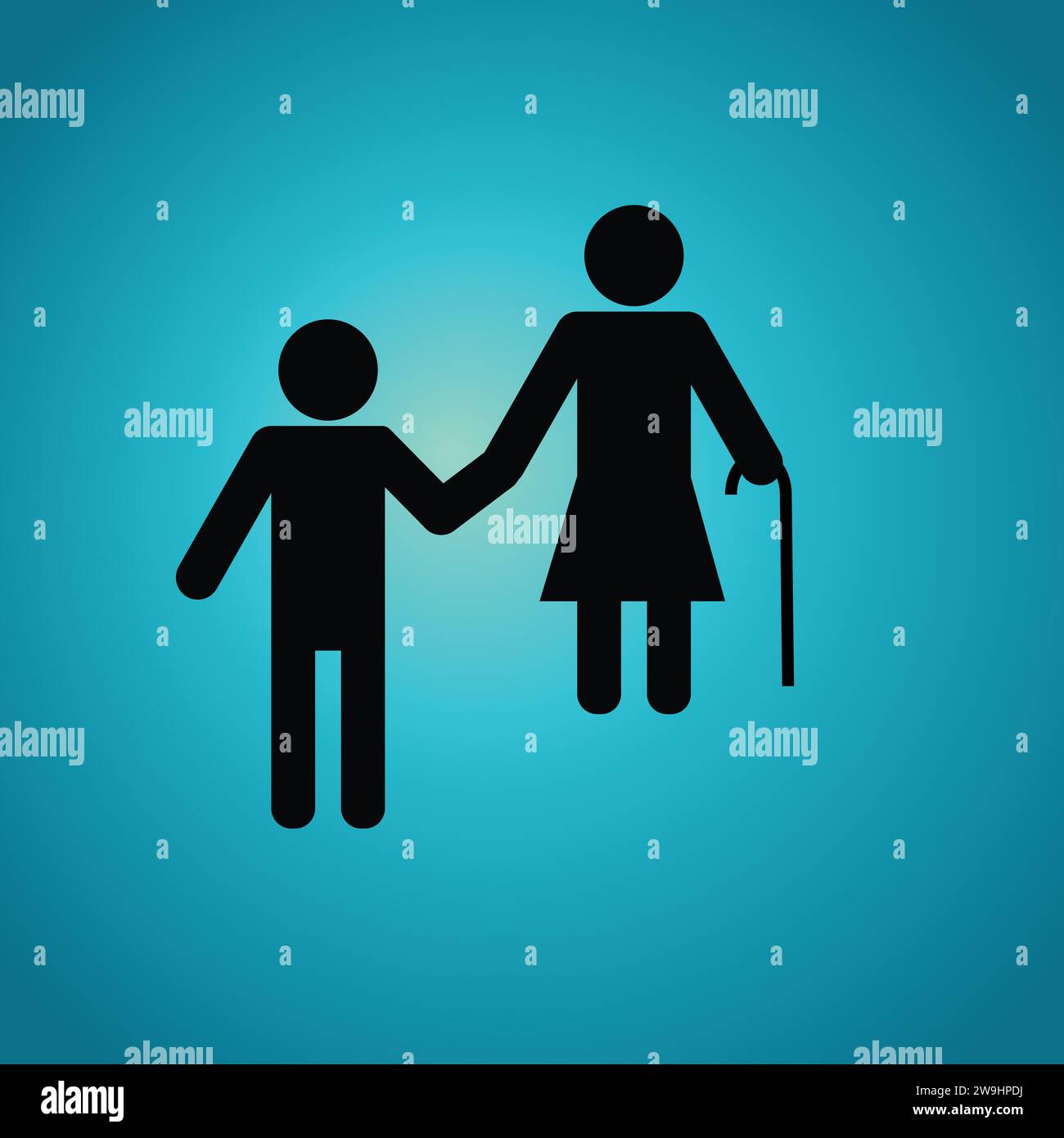 Silhouette di un uomo che aiuta una vecchia con il bastone da passeggio Illustrazione Vettoriale
