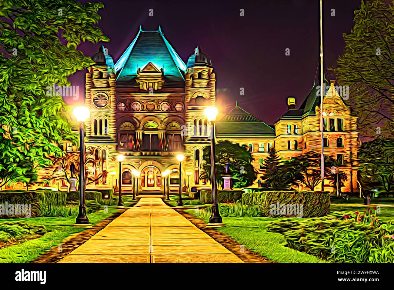 Edificio Queen's Park con splendida illuminazione notturna, Toronto, Canada Foto Stock