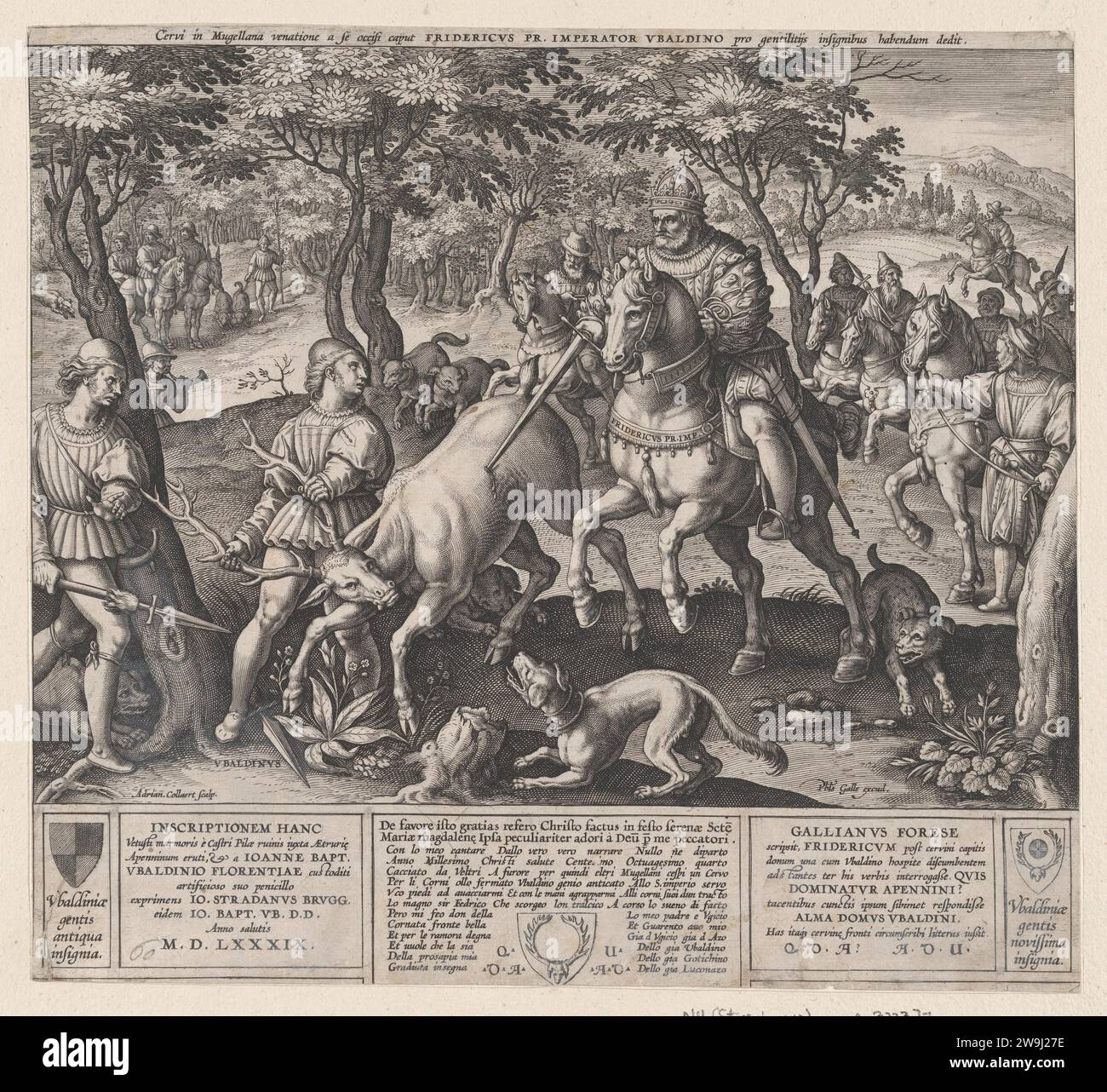 La caccia ai cervi dell'imperatore Federico i Barbarossa e di Ubaldino Ubaldini 1949 di Adriaen Collaert Foto Stock
